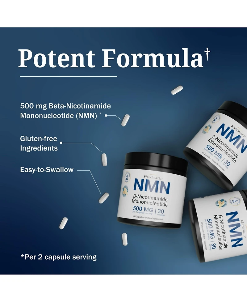 BioSchwartz Nmn Supplement 500 Milligram Nicotinamide Mononucleotide, 60 Capsules, Gluten Free, Third Party Tested