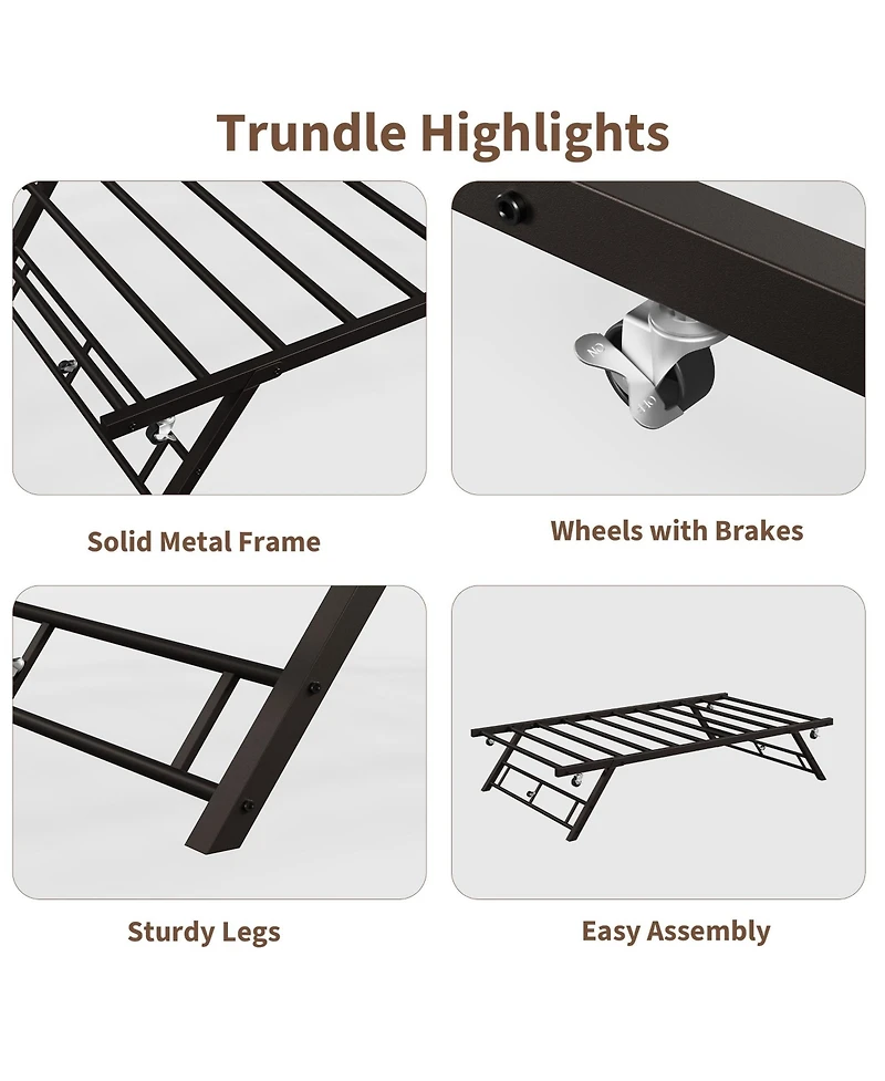 homfan Pop-Up Trundle Daybed Frame with Lockable Casters, Metal Slat Support, Space-Saving Design, No Box Spring Needed