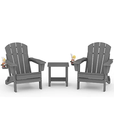 Xo Folding Adirondack Chair Set of 2 with Side Table, Hdpe Outdoor Chairs with Cup Holder, All Weather Patio Chairs 380Lbs Capacity for Garden