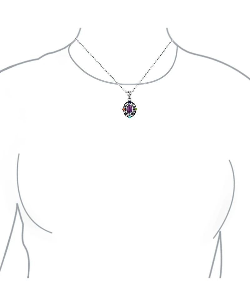 Bling Jewelry Southwest Style Oval Cabochon Multicolor Purple Turquoise Medallion Pendant Necklace Oxidized Sterling Silver