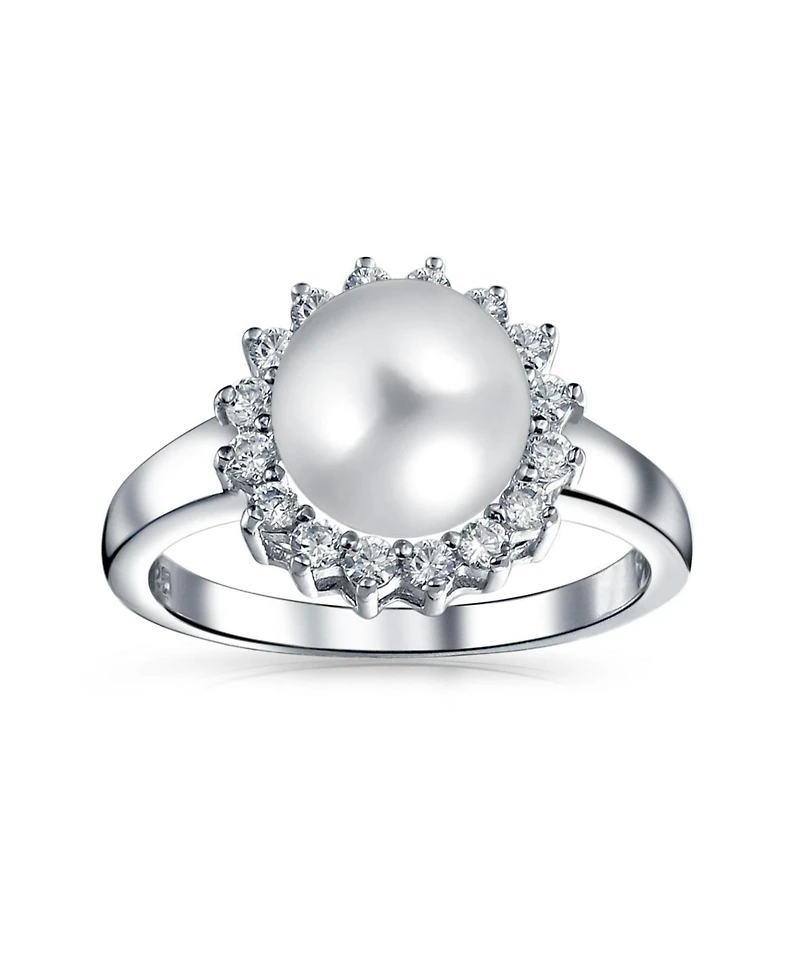 Bling Jewelry Classic Faux Pearl Cocktail Ring Cz Halo Solitaire .925 Sterling Silver