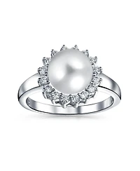 Bling Jewelry Classic Faux Pearl Cocktail Ring Cz Halo Solitaire .925 Sterling Silver