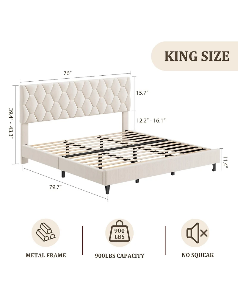 homfan Upholstered Platform Bed Frame with Adjustable Headboard, Wood Slat Support, Quiet Design