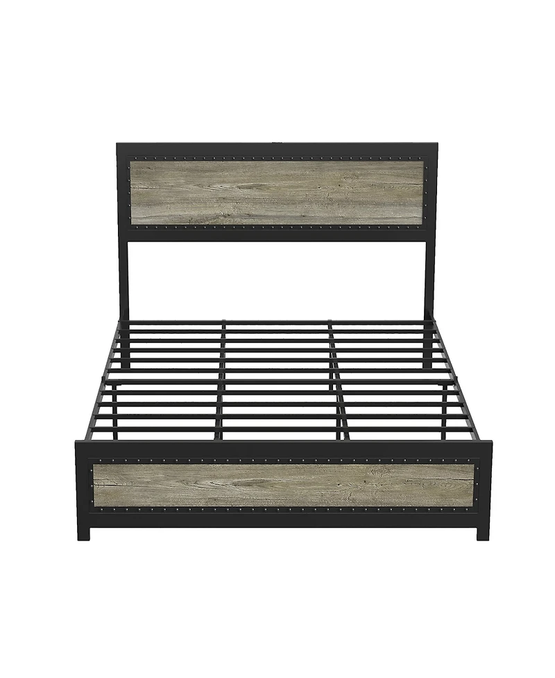 homfan Platform Bed Frame with Charging Station, Industrial Headboard and Footboard, Metal Slat Support, Box Spring Not Required