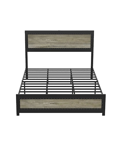 homfan Platform Bed Frame with Charging Station, Industrial Headboard and Footboard, Metal Slat Support, Box Spring Not Required