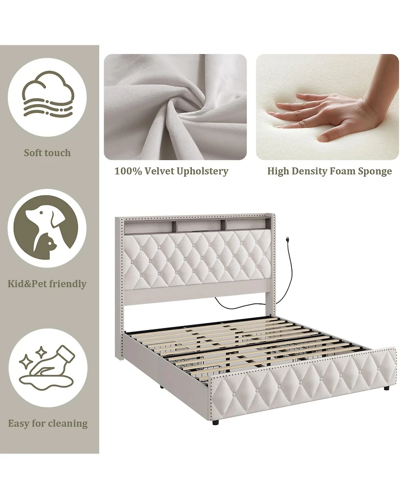 homfan Upholstered Bed Frame with Tall Headboard, 50.8inch Velvet 4 Storage Drawers and Usb Charging Station, No Box Spring Needed