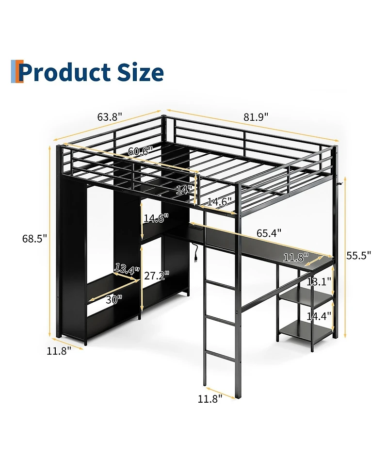 gaomon Queen Size Loft Bed with Desk and Storage Shelf, Heavy-Duty Metal Bed Frame Equipped with Wardrobe, Clothes Hanging Rod, Guardrail and Ladder