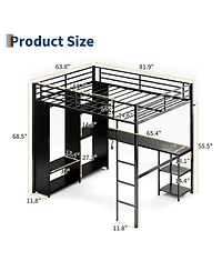 gaomon Queen Size Loft Bed with Desk and Storage Shelf, Heavy-Duty Metal Bed Frame Equipped with Wardrobe, Clothes Hanging Rod, Guardrail and Ladder