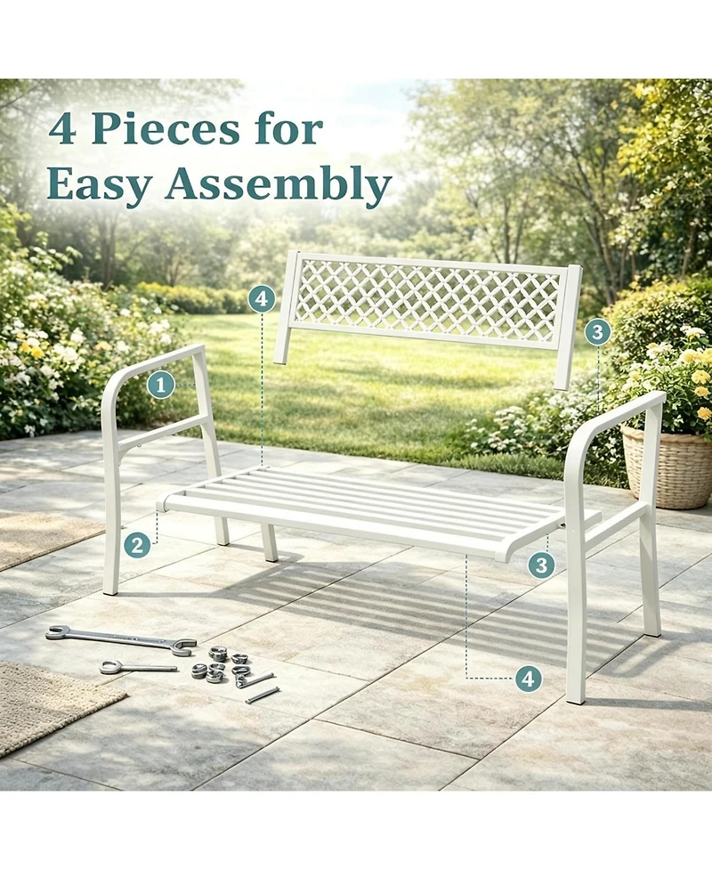 gaomon Outdoor Metal Garden Bench for 2 Person, Heavy Duty Steel Patio Bench, Weather Resistant Black Porch Seating with Geometric Backrest