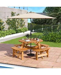 Gouun Outdoor 8-Person Round Wooden Picnic Table Set with Attached Benches, 71 in Diameter