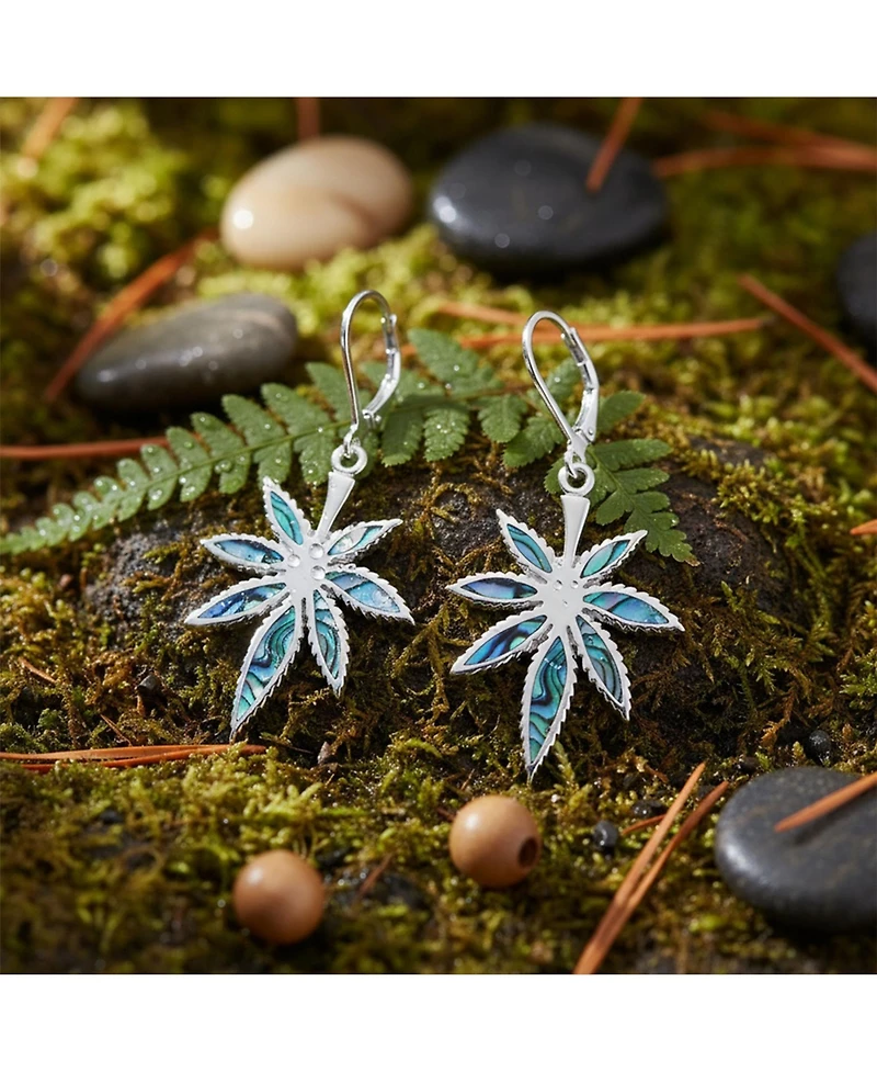 Bling Jewelry Iridescent Inlay Abalone Shell Marijuana Leaf Motif Dangle Earrings Sterling .925 Silver Leverback