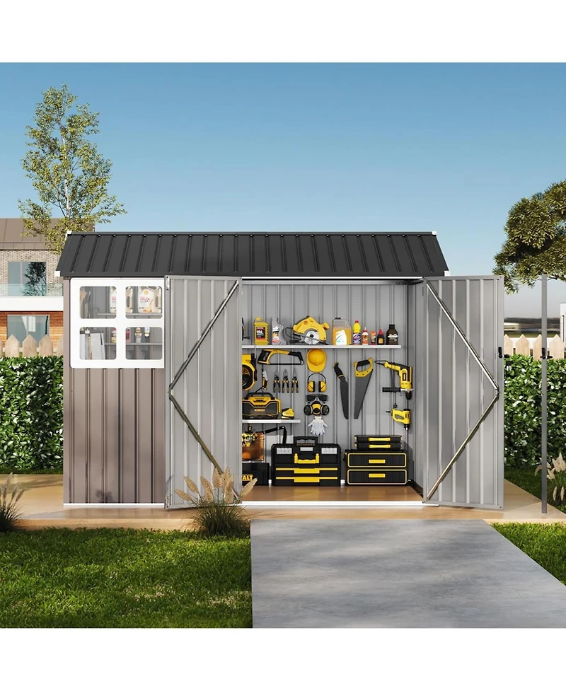 GarveeLife Outdoor Metal Garden Tool Storage Shed With Updated Frame Structure Lockable Doors And Windows For Backyard Patio Lawn