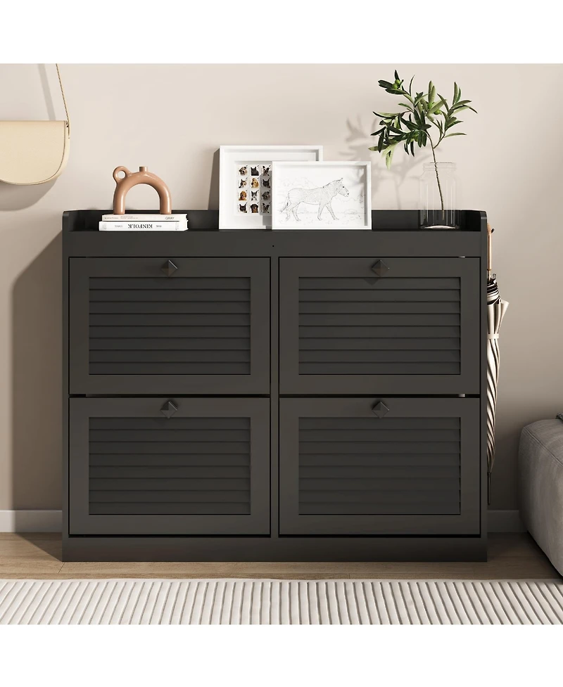 homfan Entryway Shoe Storage Cabinet with 4 Front Panels, Louvered Style Design and Top Shelf, Space-Saving Shoe Organizer for Hallway, Foyer, Bedroom