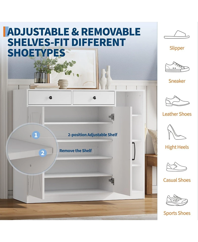 homfan Shoe Cabinet for Entryway with Doors, Hooks and 3 Open Racks - 4 Adjustable Shelves Storage Organizer for Hallway and Living Room