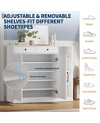 homfan Shoe Cabinet for Entryway with Doors, Hooks and 3 Open Racks - 4 Adjustable Shelves Storage Organizer for Hallway and Living Room
