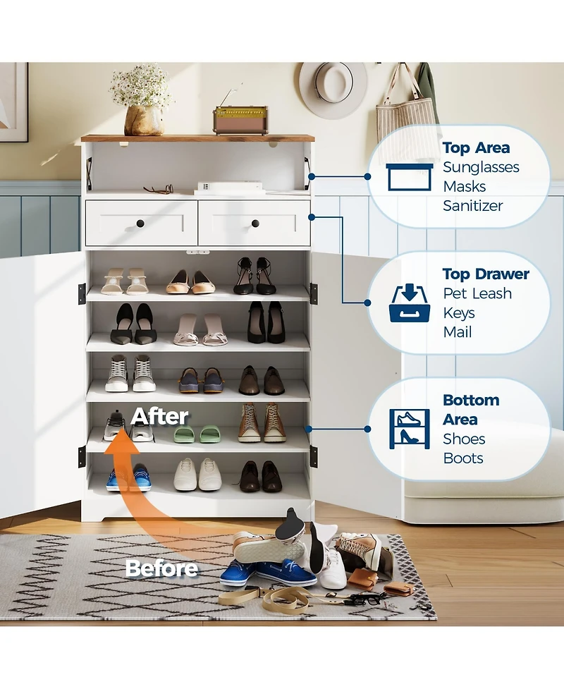 homfan Modern Farmhouse Narrow Freestanding Shoe Cabinet, Hidden Entryway Organizer with Doors, Drawers and Shelves for Foyer and Living Room