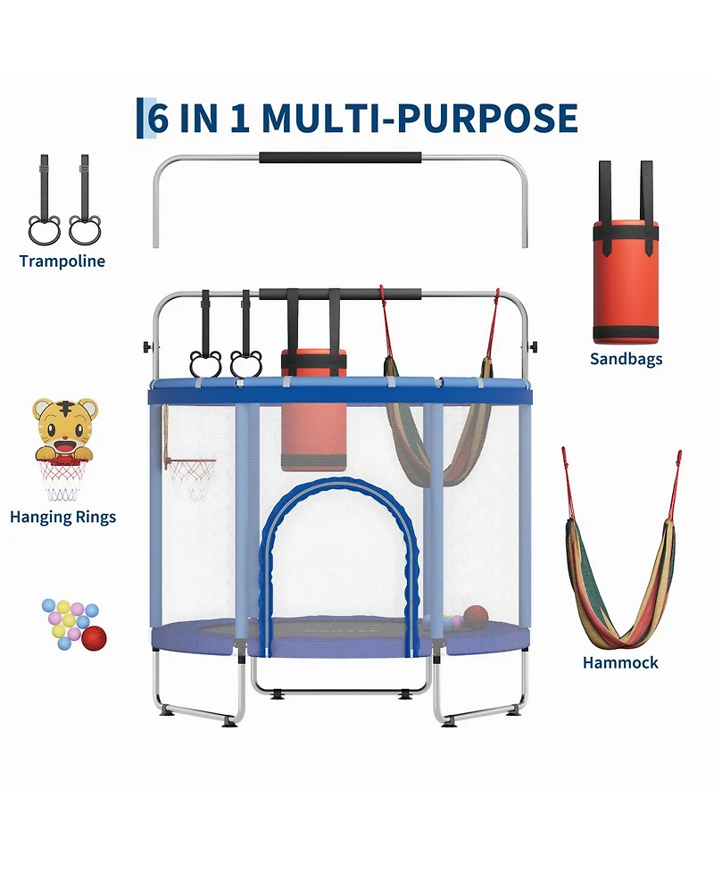 gaomon 60" Kids Trampoline with Safety Enclosure Net and Adjustable Gymnastics Bar - Multi-Toy Set and 440lbs Capacity