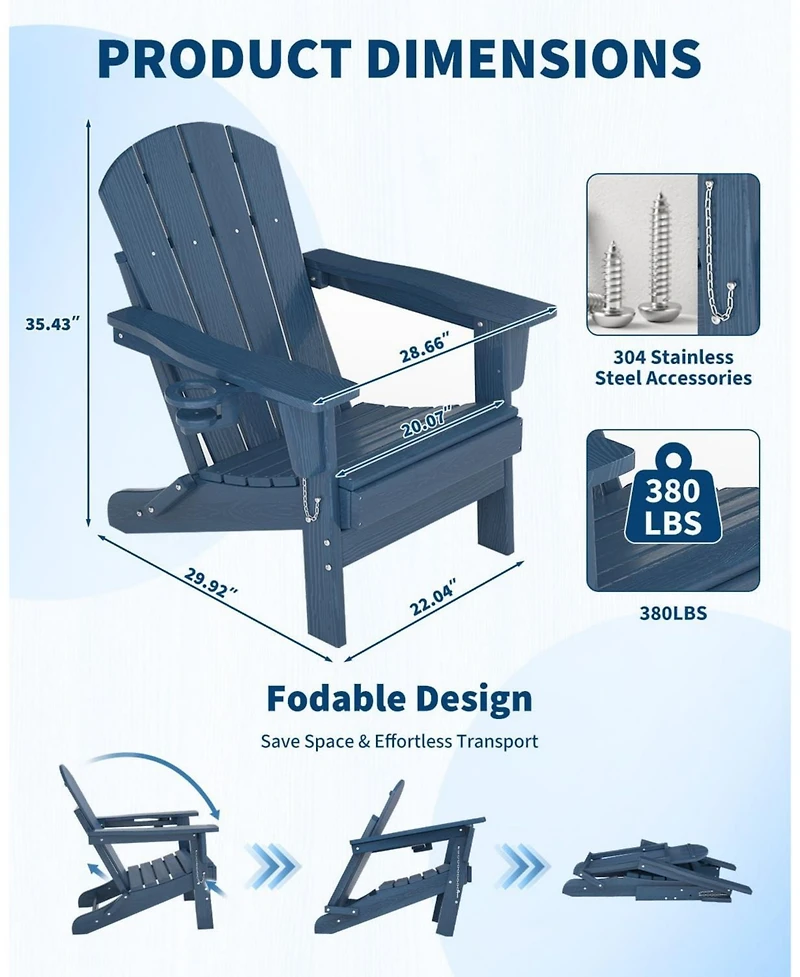 Xo Folding Adirondack Chair Set of 2, Hdpe Outdoor Chairs with Wood Grain Texture and Cup Holder, All Weather Patio Chairs 380Lbs Capacity