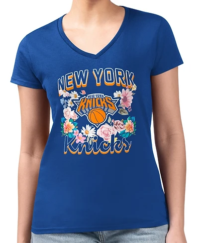 G-iii 4Her by Carl Banks Women's Blue New York Knicks Super-Slim Fit Lightweight Flowers Team Logo Graphic V-Neck T-Shirt