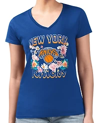 G-iii 4Her by Carl Banks Women's Blue New York Knicks Super-Slim Fit Lightweight Flowers Team Logo Graphic V-Neck T-Shirt