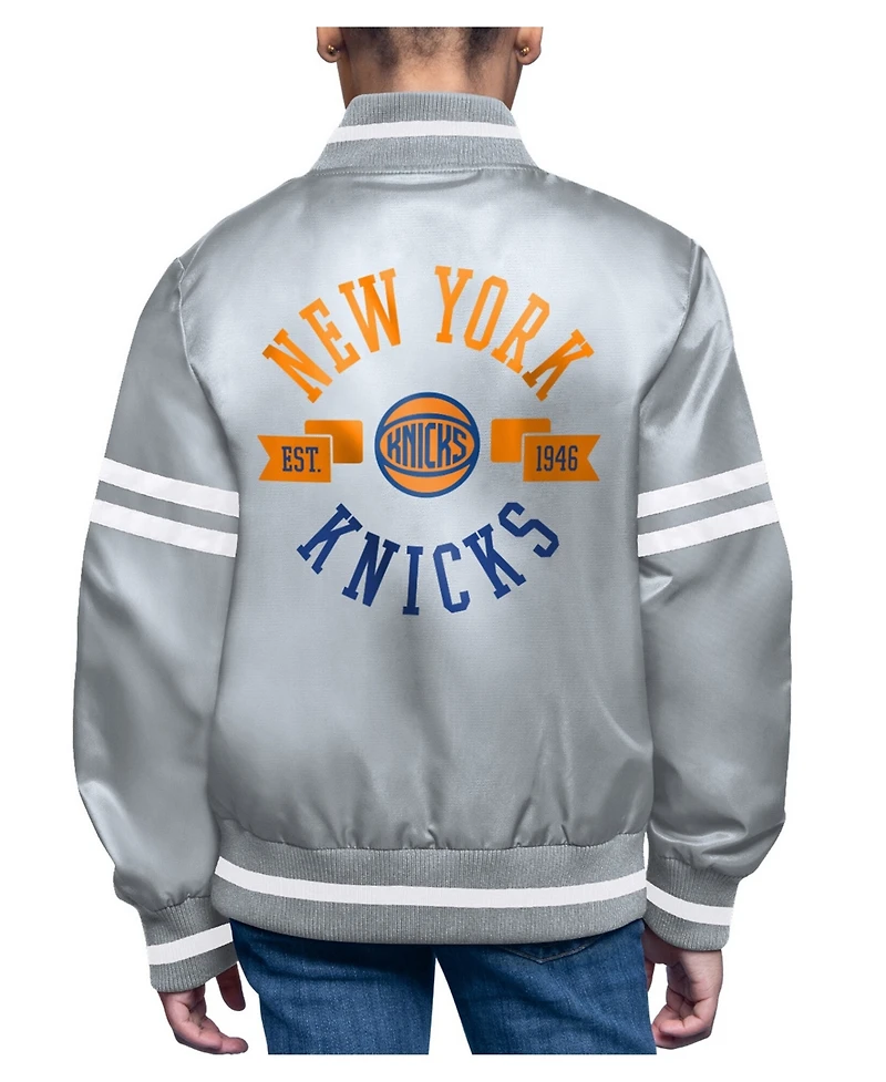 Starter Big Boys and Girls Gray New York Knicks Printed Logo Varsity Satin Full-Snap Jacket