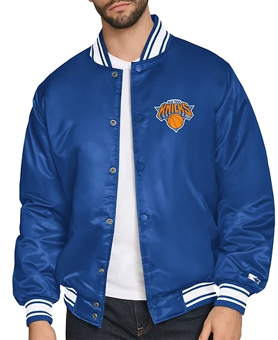 Starter Men's Blue New York Knicks Printed Team Logo Satin Varsity Full-Snap Jacket