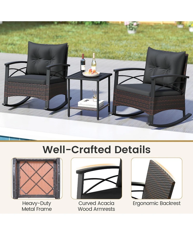 Sugift Rocking Bistro Set Pe Rattan Rocker Chairs with Acacia Wood Top Table