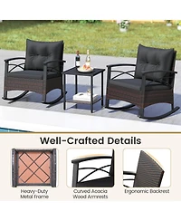 Sugift Rocking Bistro Set Pe Rattan Rocker Chairs with Acacia Wood Top Table