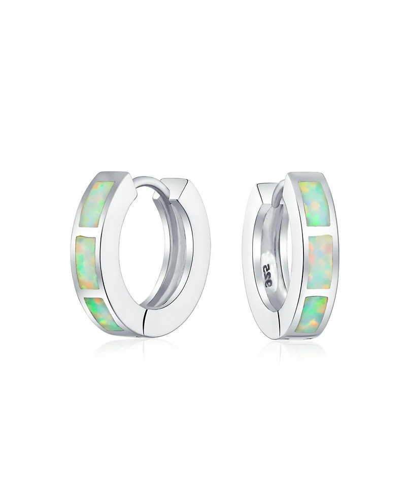 Bling Jewelry Created Opal Inlay Iridescent Huggie Small Hoop Earrings .925 Sterling Silver