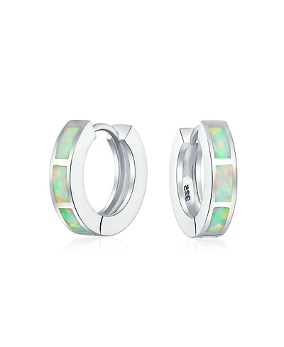 Bling Jewelry Created Opal Inlay Iridescent Huggie Small Hoop Earrings .925 Sterling Silver