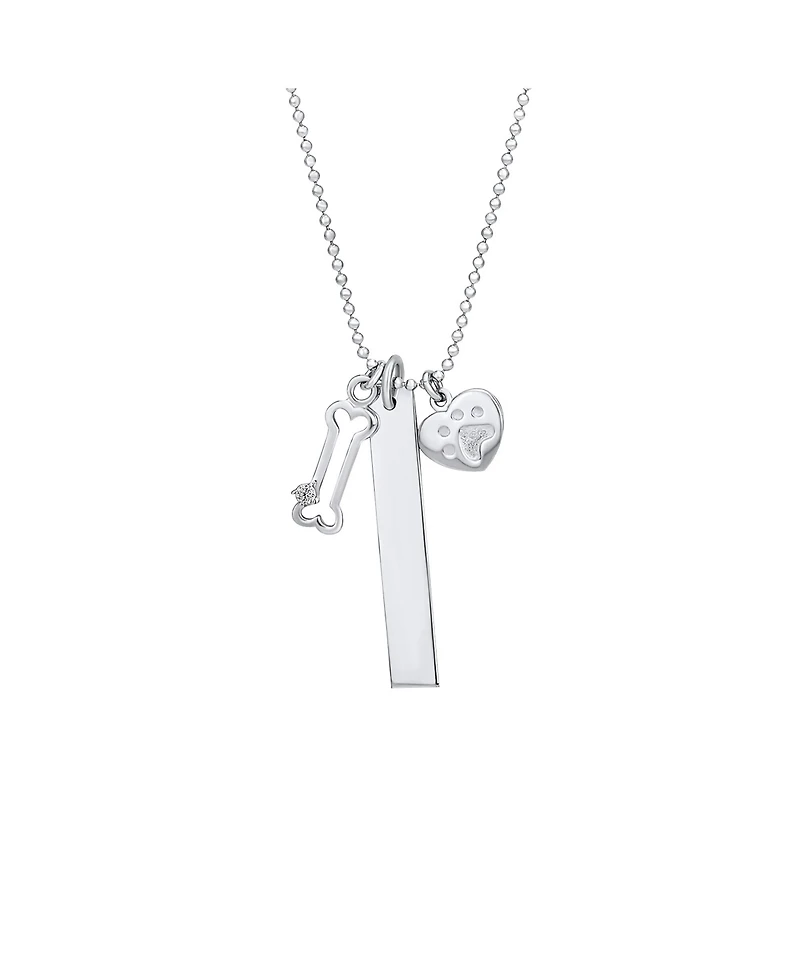 Bling Jewelry Paw Print Dog Tag Pendant Necklace Pet Lover Heart and Bone Charm .925 Sterling Silver