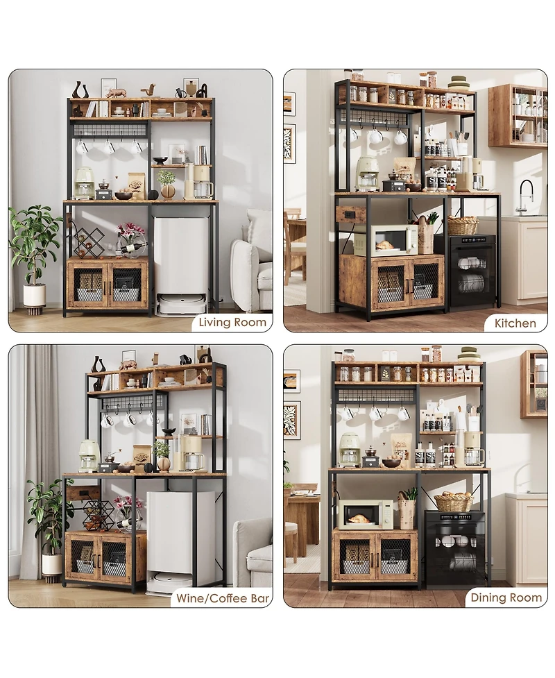 homfan Kitchen Bakers Rack with Fridge Space, Industrial Microwave Stand with Power Outlet, Freestanding Shelf for Pantry/Living Room