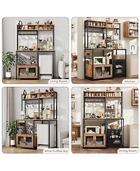 homfan Kitchen Bakers Rack with Fridge Space, Industrial Microwave Stand with Power Outlet, Freestanding Shelf for Pantry/Living Room
