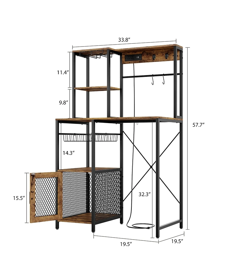homfan Industrial Freestanding Kitchen Shelf, Bakers Rack with Refrigerator Compartment and Power Outlet, Microwave Station for Pantry and Living Room
