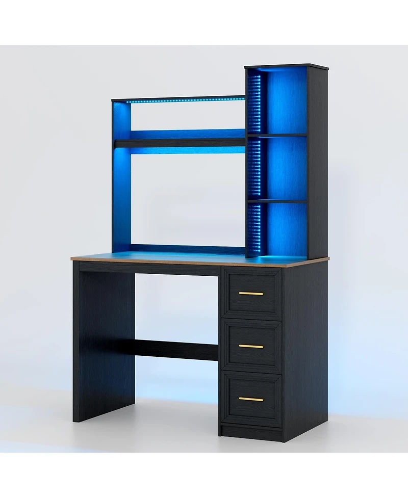 Vlsrka Modern Home Office Desk Led Lit with Drawers and Bookcase