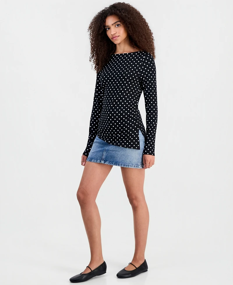 Madden Girl Juniors' Printed Boat Neck Long Sleeve Top