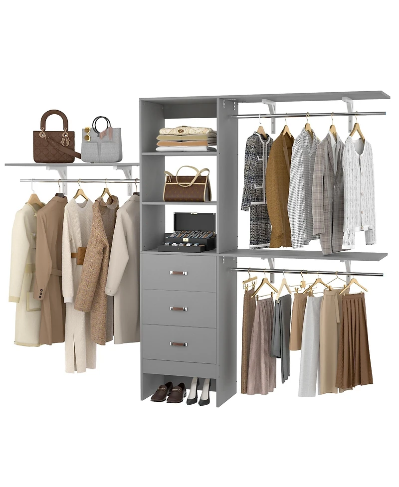 Aheaplus Closet System with 3 Hanging Rods, 3 Drawers and 3 Shelving Tower, 5-8 Feet Walk-in Closet Organizer