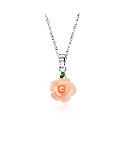 Bling Jewelry Delicate Floral Blooming 3D Pink Rose Flower Green Cz Accent Pendant Necklace For Women For Sterling Silver