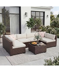 gaomon 7-Piece Wicker Patio Sectional Sofa, Outdoor Conversation Set with Washable Cushions and Glass Coffee Table for Garden Poolside Backyard