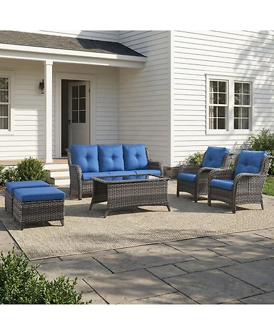 Pocassy 6 Pieces Outdoor Patio Furniture Set Wicker Sectional Sofa with 2 Chairs,Ottomans,Coffee Table