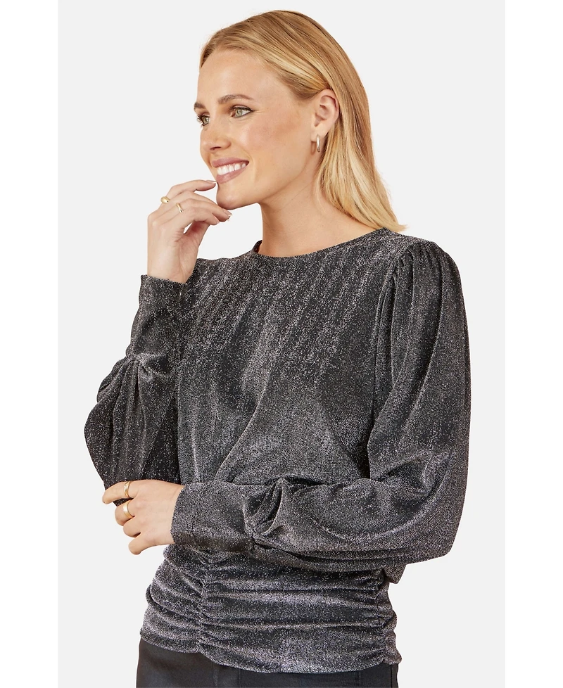 Yumi Women's Metallic Stretch Ruched Hem Top