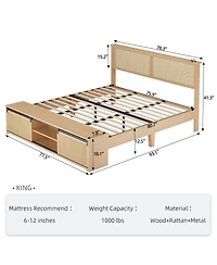 homfan Rattan Platform Bed with Sliding Barn Door Storage Cabinets, Led Headboard, Boho Farmhouse Design, Wooden Leg Support