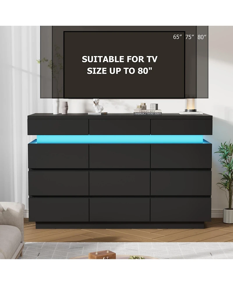 gaomon 59" 12 Drawer Dresser with Led Lights, Wooden Storage Cabinet, Handle-Free, Anti-Tipping, for Bedroom