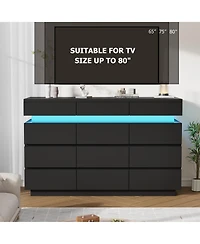 gaomon 59" 12 Drawer Dresser with Led Lights, Wooden Storage Cabinet, Handle-Free, Anti-Tipping, for Bedroom