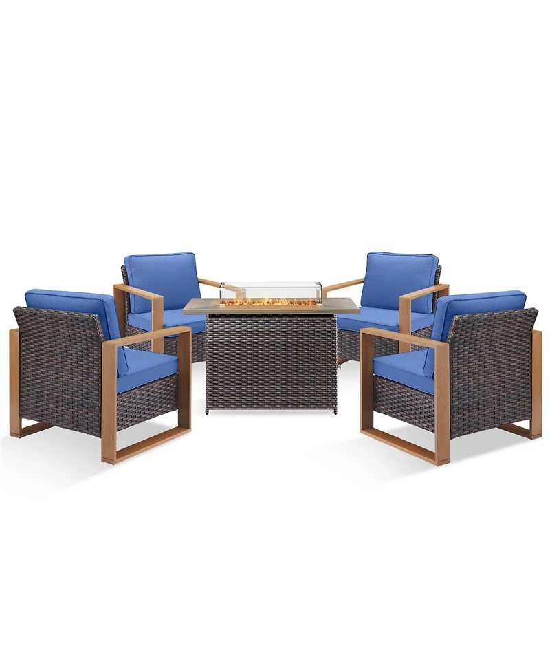 Pocassy Patio Resin Wicker Furniture Set with Fire Pit Table, Pe Rattan Swivel Chairs Propane Table,5PCS Conversation