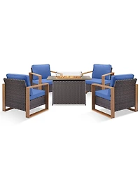 Pocassy Patio Resin Wicker Furniture Set with Fire Pit Table, Pe Rattan Swivel Chairs Propane Table,5PCS Conversation