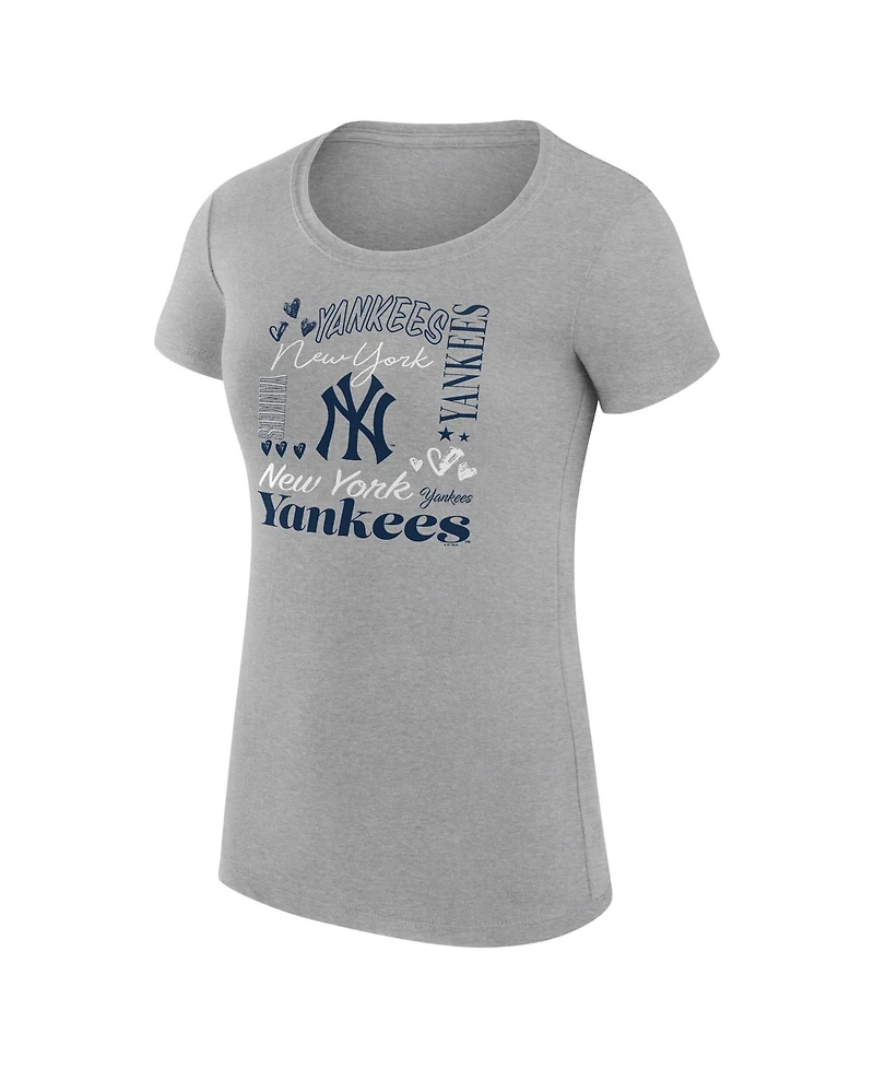 G-iii 4Her by Carl Banks Women's Heather Gray New York Yankees Super-Slim Fit Lightweight Collage Team Graphic Crew Neck T-Shirt