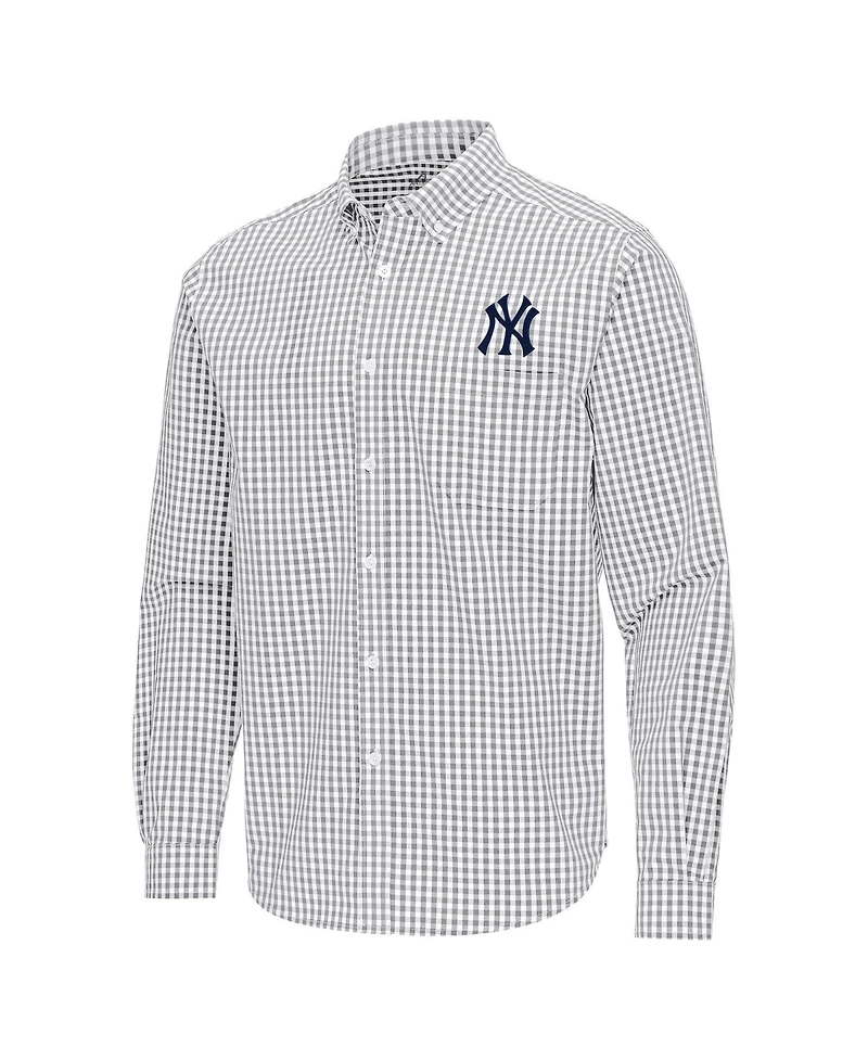 Antigua Men's Gray New York Yankees Ellis Woven Tri-Blend Button-Down Shirt
