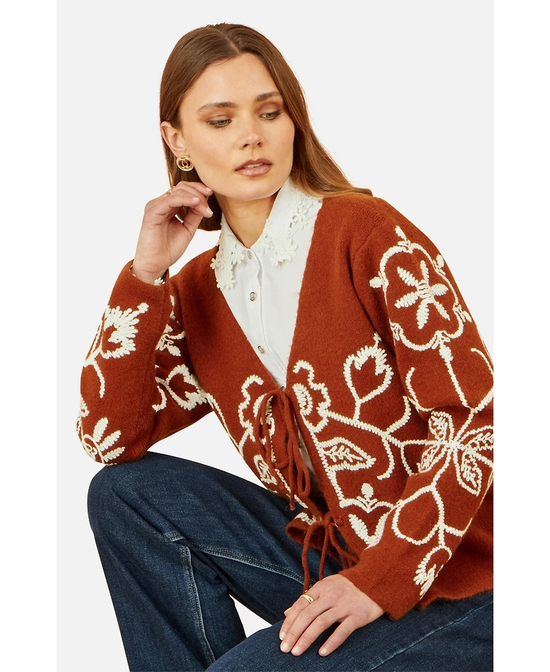 Yumi Women's Folk Embroidered Tie Front Cardigan