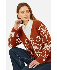 Yumi Women's Folk Embroidered Tie Front Cardigan